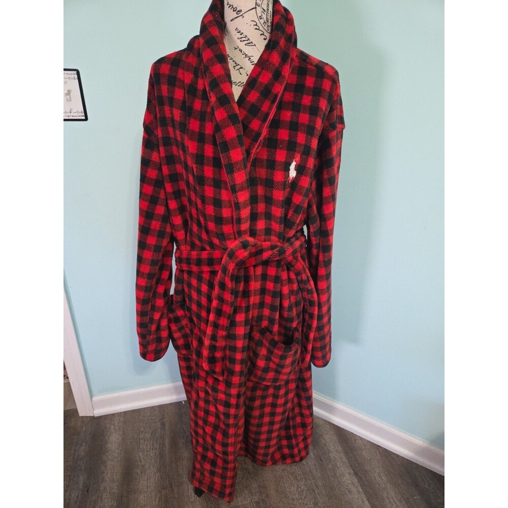 POLO RALPH LAUREN Mens Plush Red/Black Checkered Bathrobe & Belt s/m